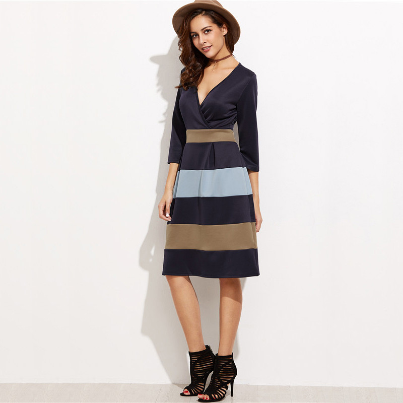 DIDK-Women-Casual-Dresses-Autumn-Clothing-Deep-V-Neck-Three-Quarter-Length-Sleeve-Color-Block-Knee-L-32749597305