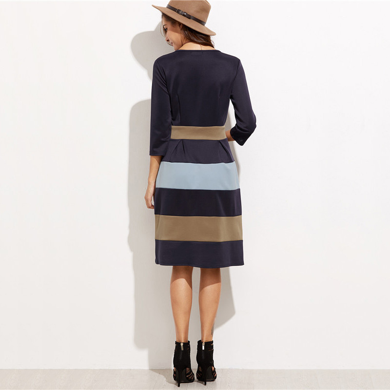DIDK-Women-Casual-Dresses-Autumn-Clothing-Deep-V-Neck-Three-Quarter-Length-Sleeve-Color-Block-Knee-L-32749597305