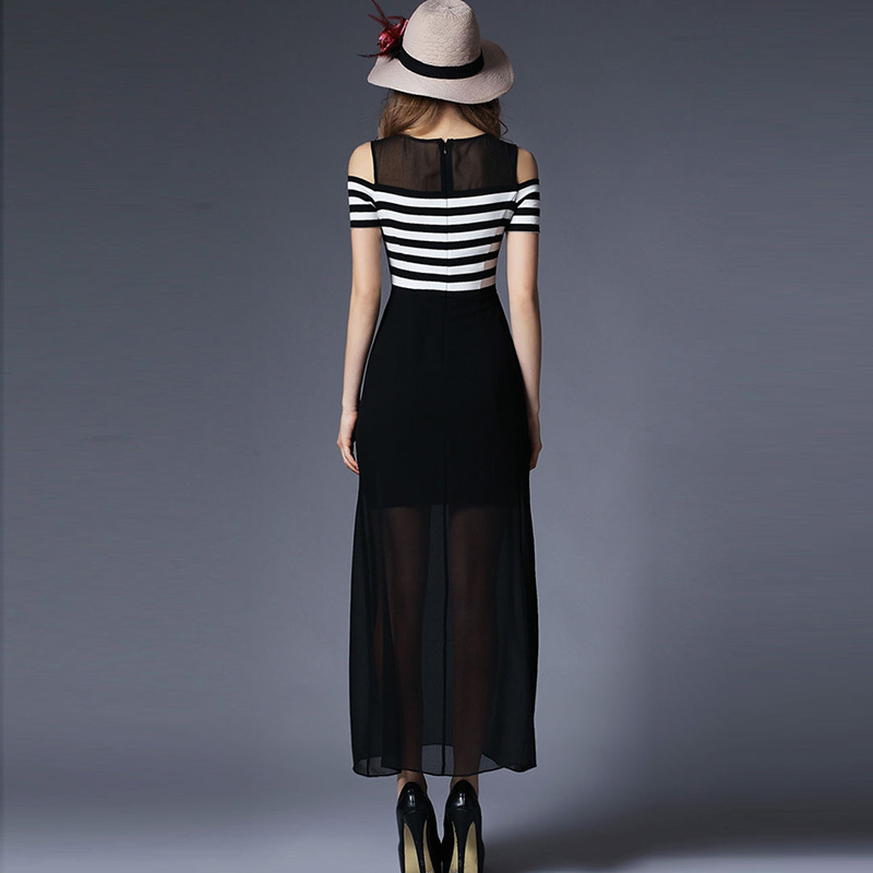 Daylook-Women-Stripe-Sheer-Panel-Cold-Shoulder-Slit-Bottom-Dress-Lady-Short-Sleeve-Layered-Chiffon-M-32343170689