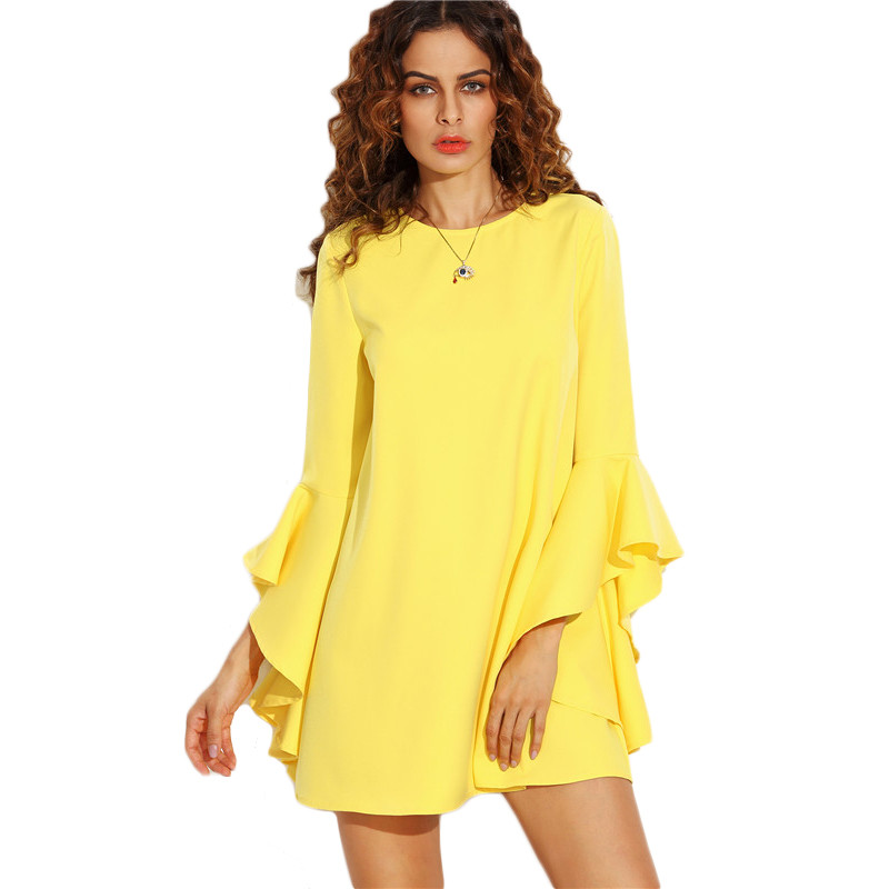 Dotfashion-Yellow-Crew-Neck-Ruffle-Flare-Sleeve-Shift-Dress-Female-Plain-Long-Sleeve-Straight-Mini-D-32723517239