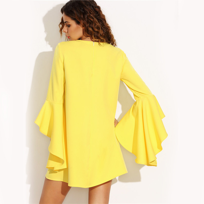 Dotfashion-Yellow-Crew-Neck-Ruffle-Flare-Sleeve-Shift-Dress-Female-Plain-Long-Sleeve-Straight-Mini-D-32723517239