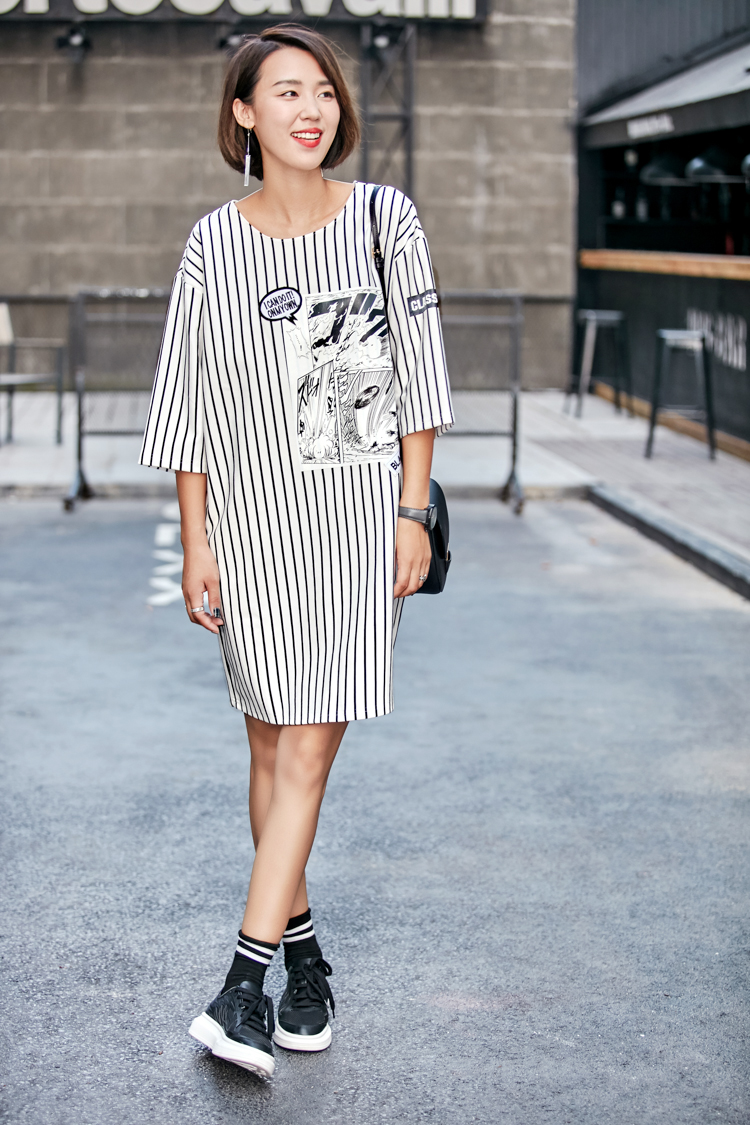 Double-puppet-2017-new-autumn-Literature-stripe-show-shin-casual-dress-o-neck-three-quarter-loose-st-32741285942