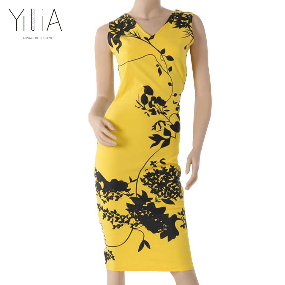 Elegant-Floral-Print-Midi-Bodycon-Dresses-Ladies-Slim-Sheath-Vestidos-Knee-Length-Sleeveless-Yellow--32746719052