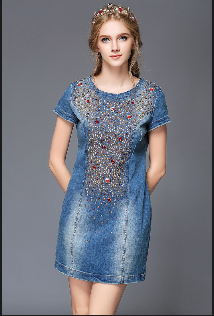 Embellished-Denim-Dress-Short-Sleeve-Beaded-Women-Summer-Dresses-Party-Blue-32416298962