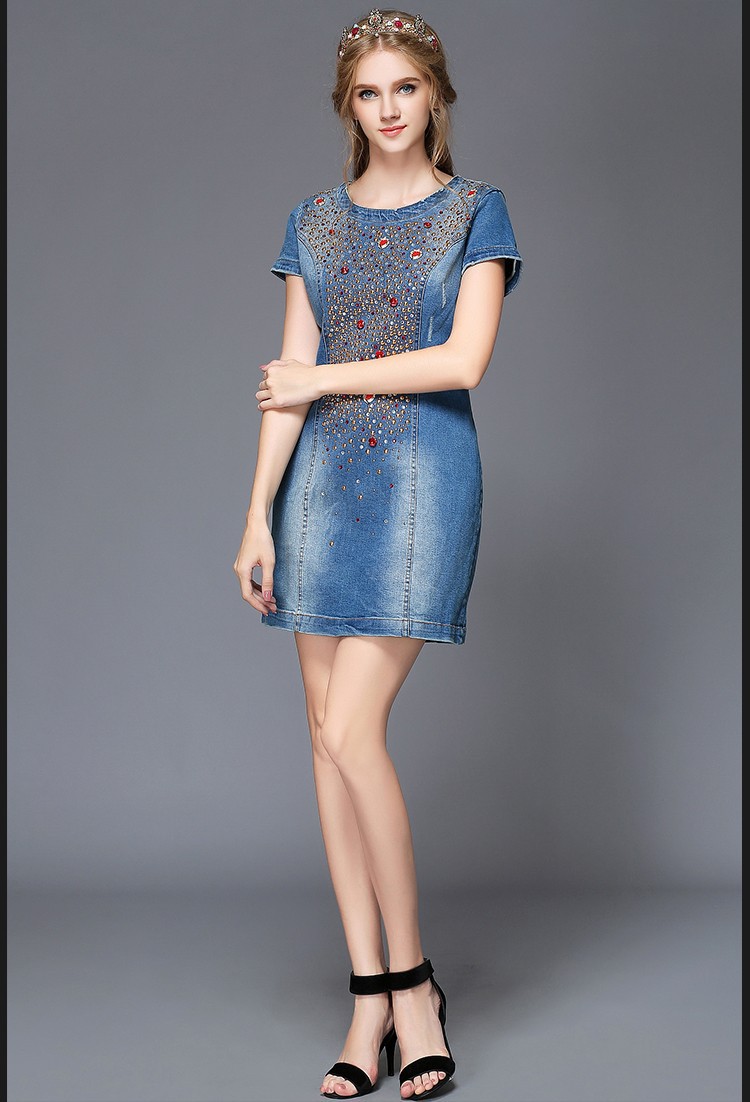 Embellished-Denim-Dress-Short-Sleeve-Beaded-Women-Summer-Dresses-Party-Blue-32416298962