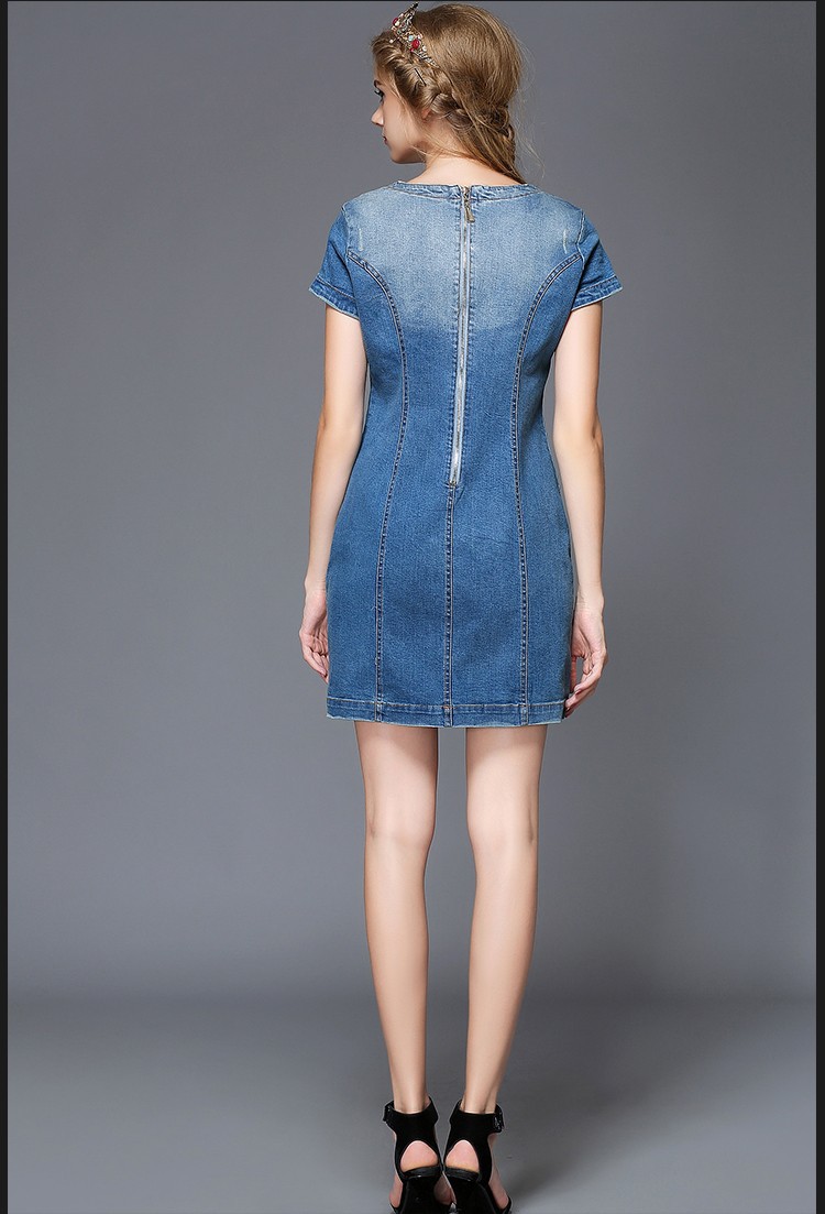 Embellished-Denim-Dress-Short-Sleeve-Beaded-Women-Summer-Dresses-Party-Blue-32416298962