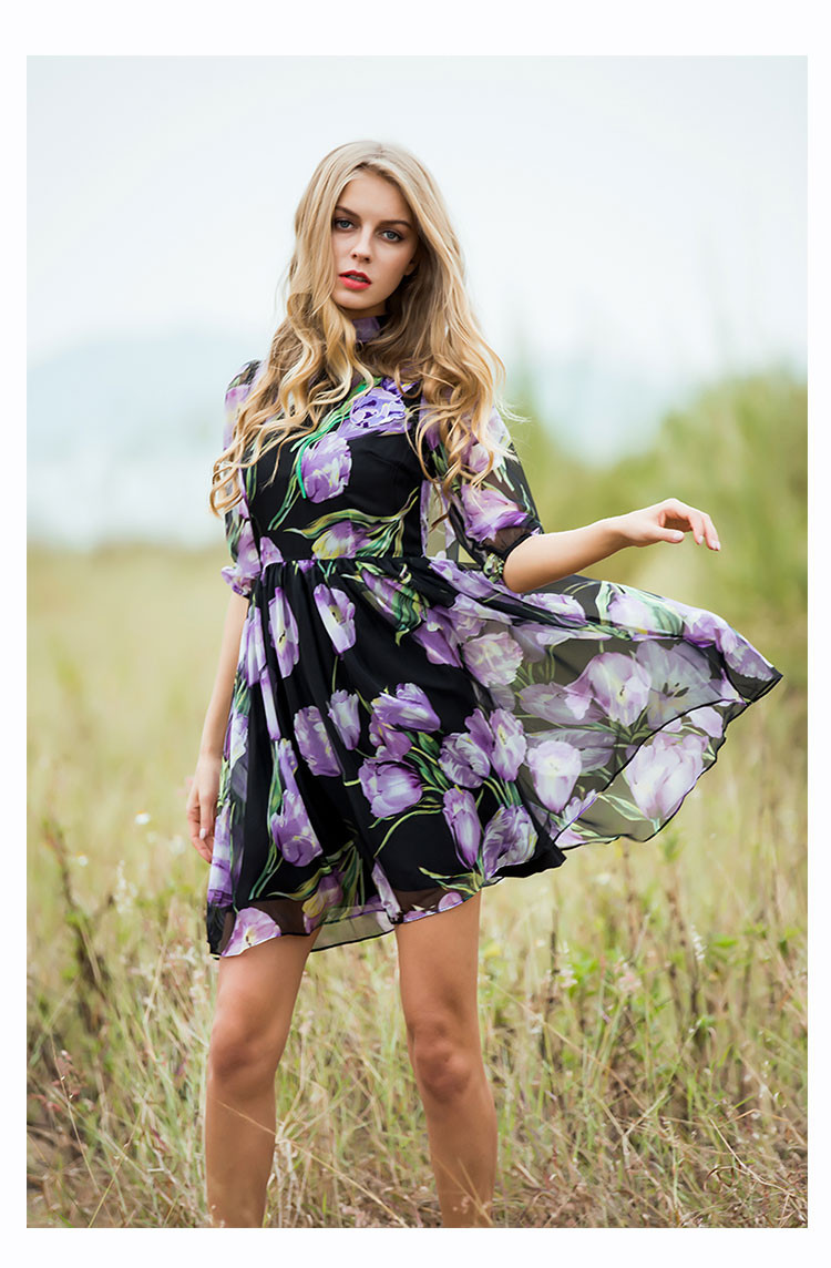 Fashion-Dress-Summer-Spring-New--Women39s-2017-New-Half-Lantern-Sleeve-Purple-Flowers-Printed-Emrboi-32728822483