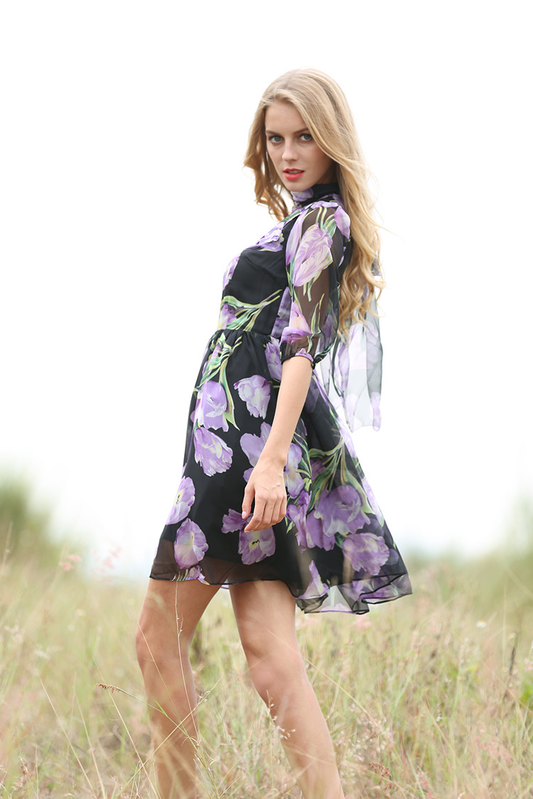 Fashion-Dress-Summer-Spring-New--Women39s-2017-New-Half-Lantern-Sleeve-Purple-Flowers-Printed-Emrboi-32728822483