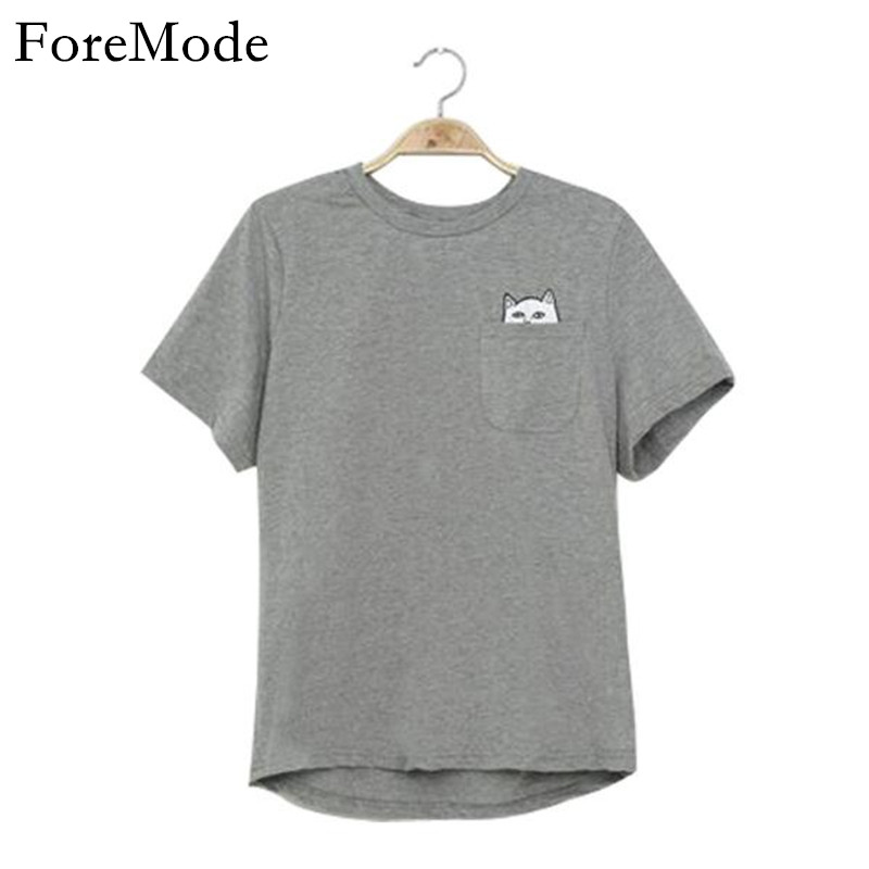 ForeMode-2016-Women-fashion-t-shirts-grey-plain-cat--T-shirts-black-cotton-t-shirt-grey-funny-cat-sh-32765335528