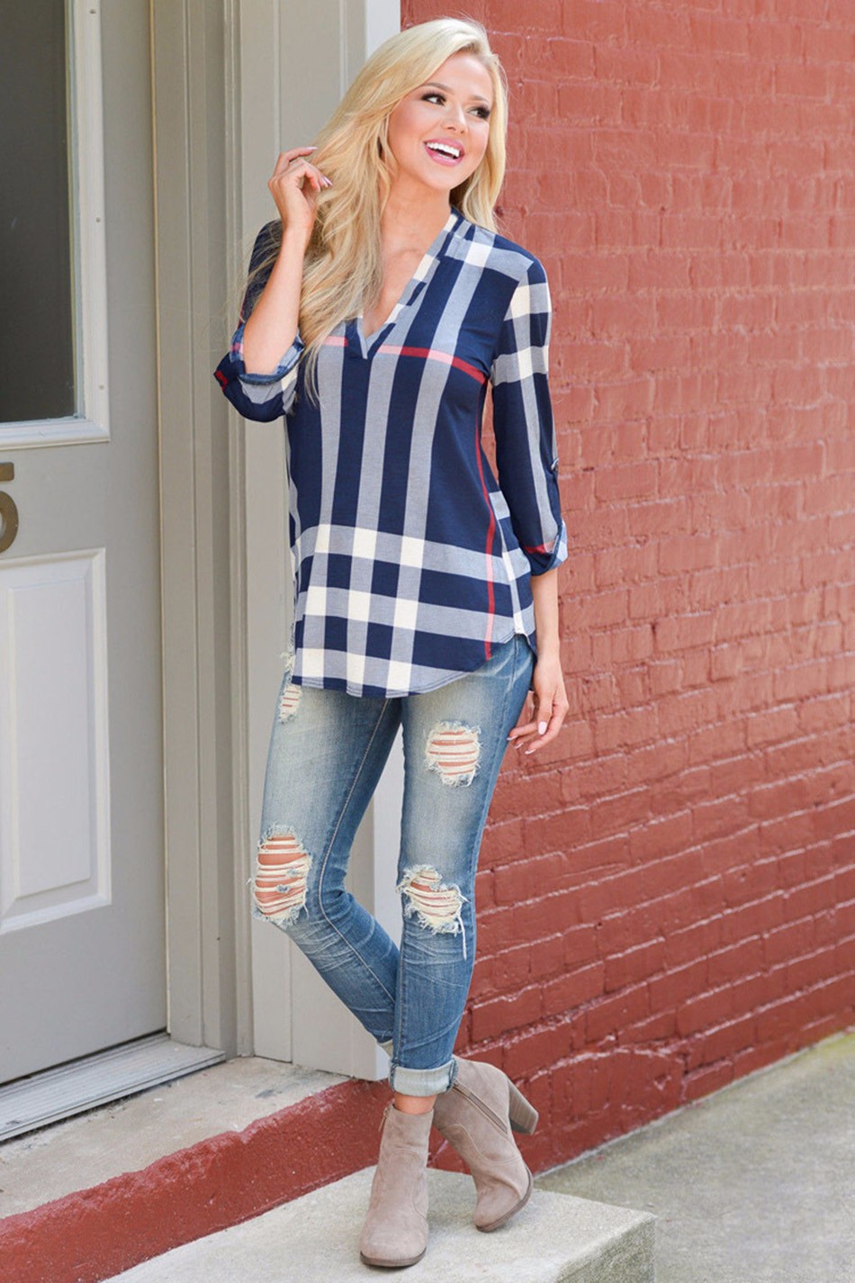 Forefair-2016-Trendy-Fashion-Plaid-Print-Womens-Tops-Casual-Loosse-Straight-Blusa-Three-Quarter-Slee-32746525831