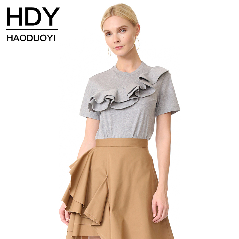 HDY-Haoduoyi-2017-New-Fashion-Cute-T-shirt-Women-Summer-Solid-Gray-O-neck-Cotton-Lady-Tops-Ruffles-S-32804177041