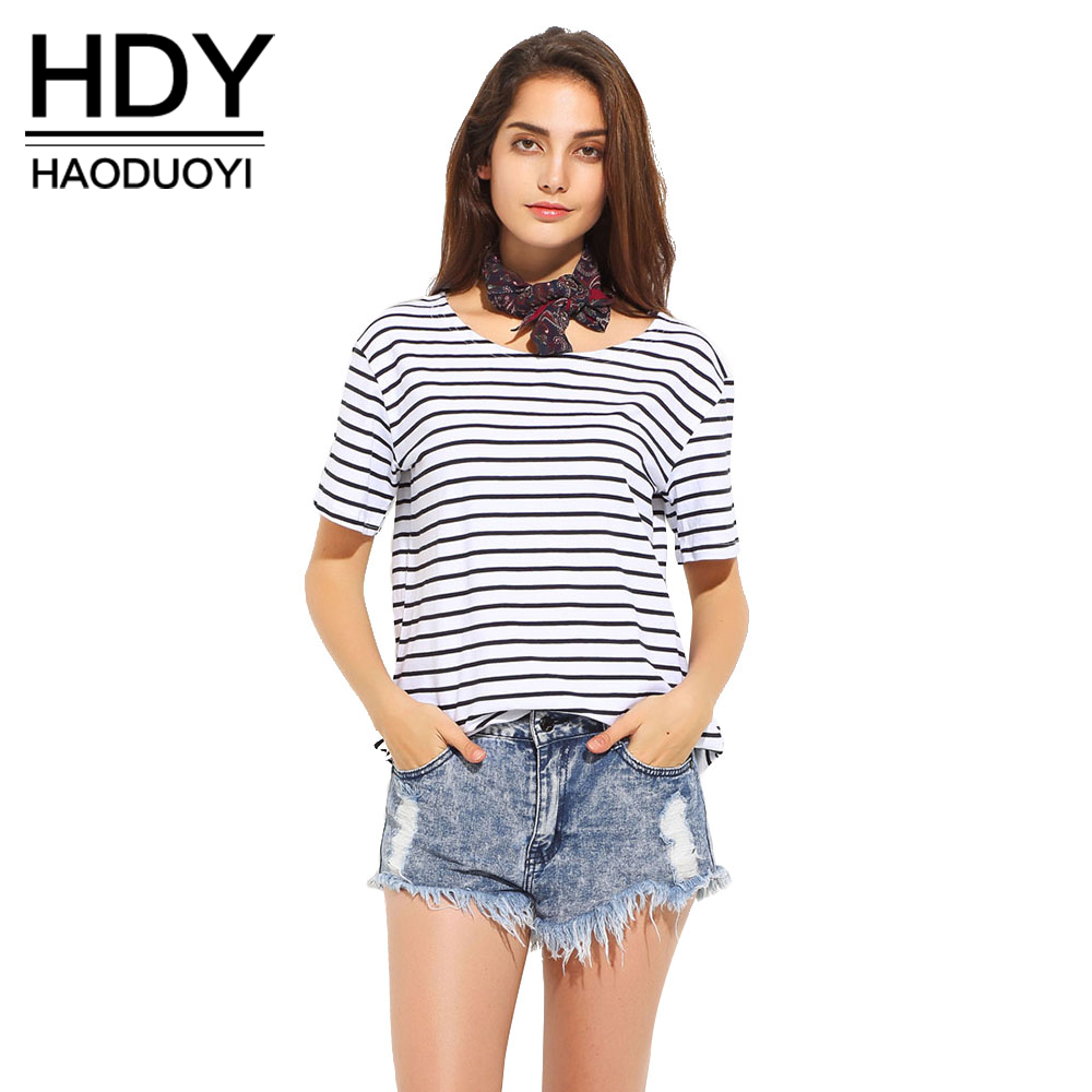HDY-Haoduoyi-Stripe-Fashion-Women-T-shirt-Black-Contrast-White-O-Neck-Casual-Tops-Streetwear-Brief-N-32763163362