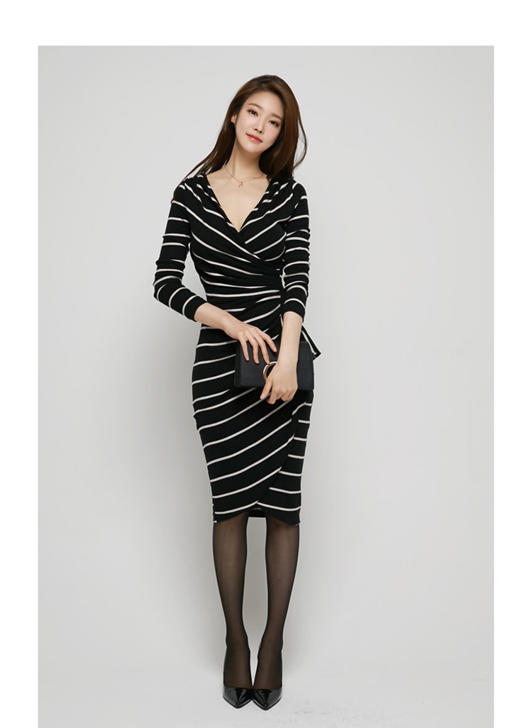 HIGH-QUALITY-Newest-Fashion-2017-Runway-v-neck-Dress-Women39s-Long-Sleeve-Luxury--Stretch-stripe-Bod-32727595085