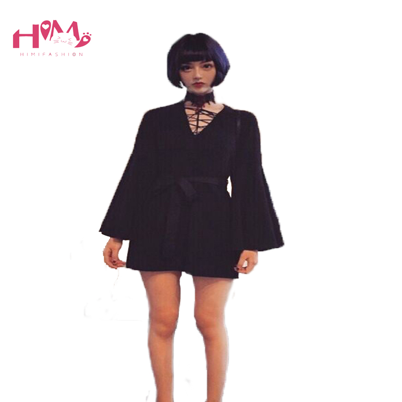 Harajuku-V-Neck-Bandage-Sexy-Black-Dress-Ladies-Korean-Girl-Pagoda-Sleeve-Long-Sleeve-Bandage-Punk-D-32792525920