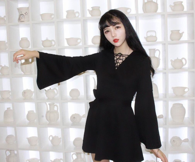 Harajuku-V-Neck-Bandage-Sexy-Black-Dress-Ladies-Korean-Girl-Pagoda-Sleeve-Long-Sleeve-Bandage-Punk-D-32792525920