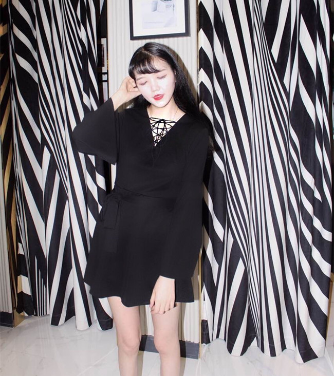 Harajuku-V-Neck-Bandage-Sexy-Black-Dress-Ladies-Korean-Girl-Pagoda-Sleeve-Long-Sleeve-Bandage-Punk-D-32792525920