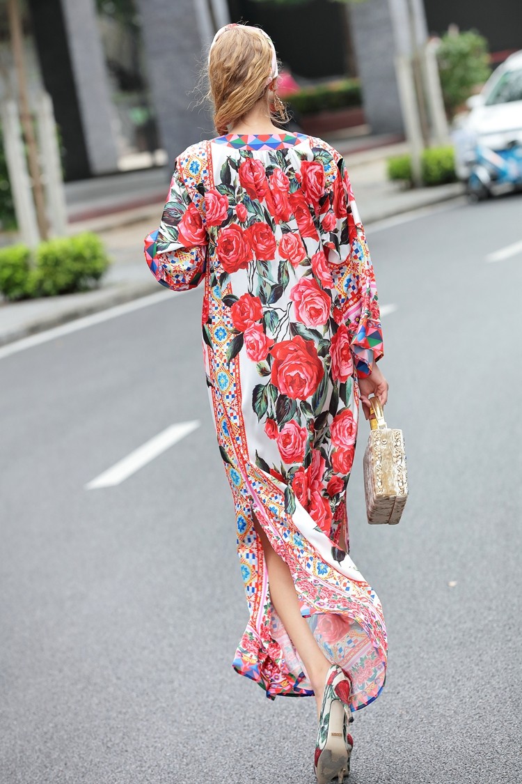 High-Quality-2016-Runway-Designer-Maxi-Dress-Women39s-Flare-Sleeve-Rose-Floral-Printed-Split-Casual--32764330688