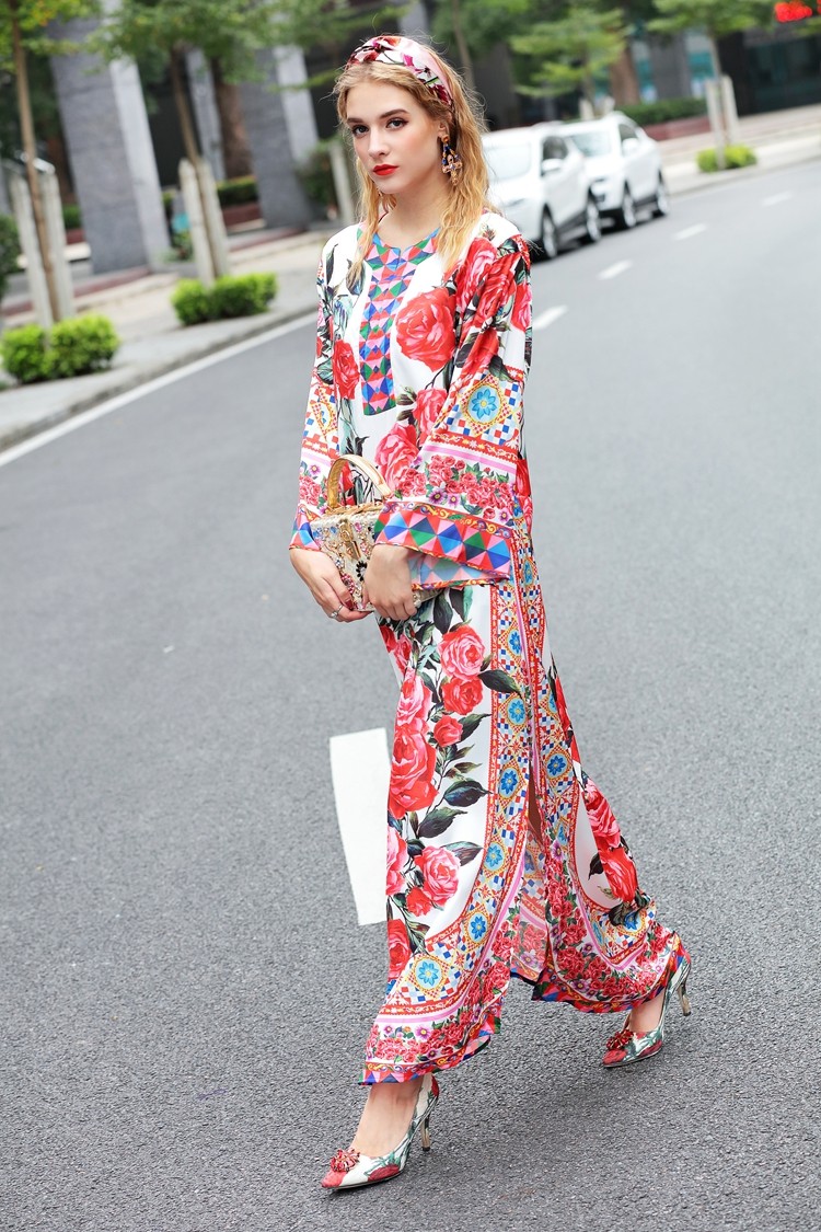 High-Quality-2016-Runway-Designer-Maxi-Dress-Women39s-Flare-Sleeve-Rose-Floral-Printed-Split-Casual--32764330688