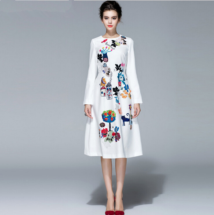 High-Quality-Fall-Winter-2015-Designer-Brand-Runway-Dress-Women39s-Long-Sleeve--Beading-Character-Pa-32444911517