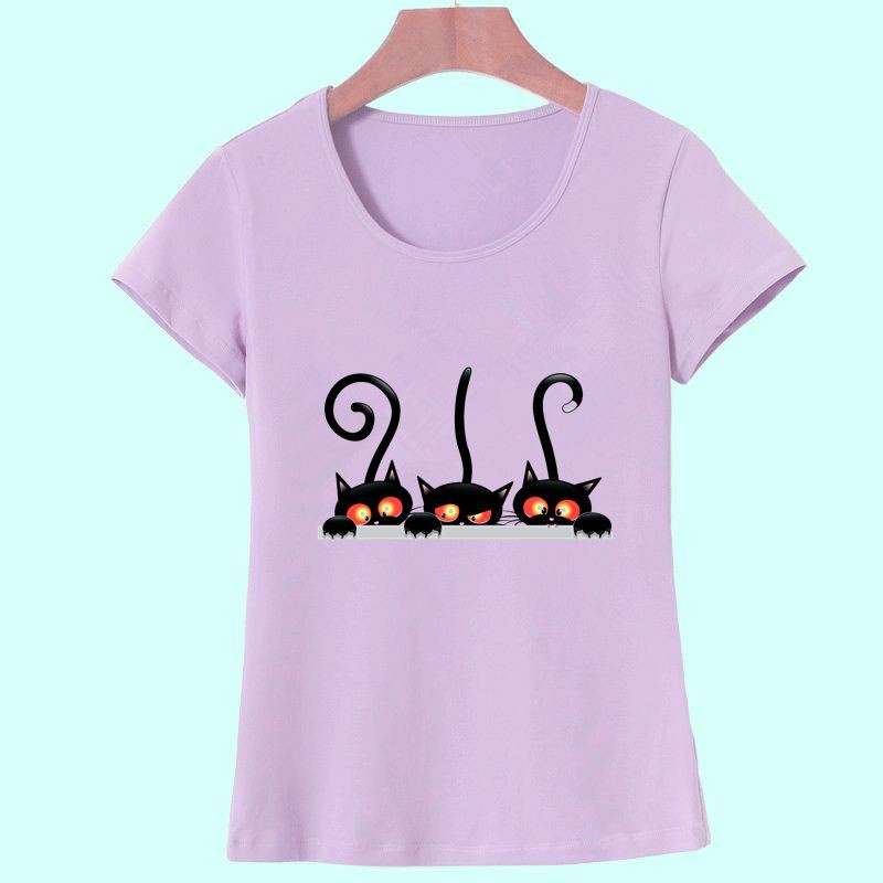 Hot-New-Fashion-Summer-Women39s-Casual-Slim-Short-Sleeved-T-Shirt-Camisas-with-Peek-of-Three-Kittens-32650888696