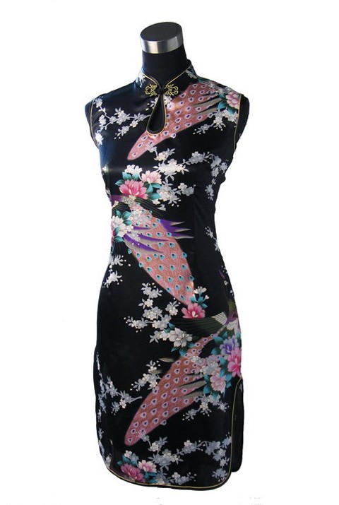 Hot-Sale-Black-Chinese-Womens-Silk-Rayou-Mini-Halter-Cheongsam-Qipao-Dress-Peafowl-Size-S-M-L-XL-XXL-1897594649