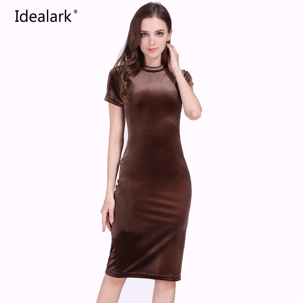 Idealark-Women-Brown-Velvet-Sheath-Dresses-Summer-Ladies-Round-Neck-Short-Sleeve-Knee-Length-Elegant-32774572957