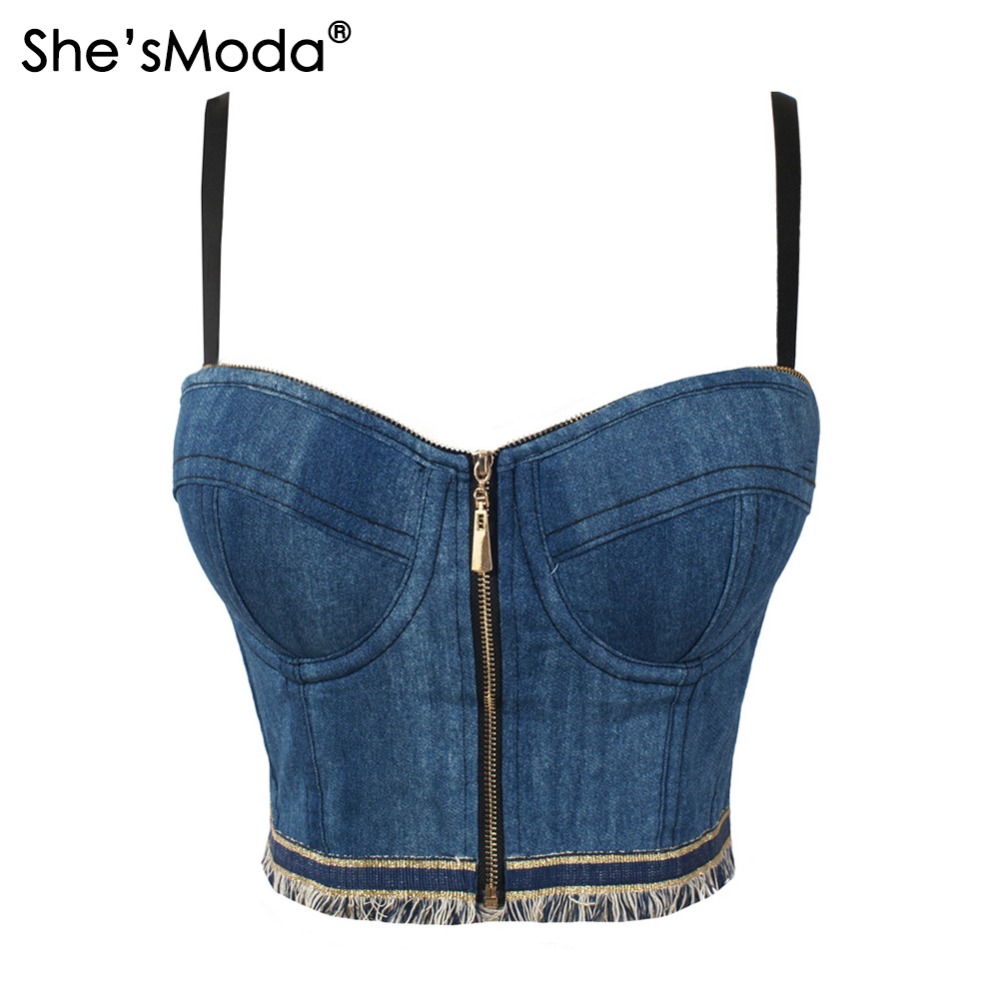 Jean-Denim-Tassels-Zipper-Push-Up-Bustier-Women39s-Bralette-Cropped-Top-Vest-Plus-Size-32697094154