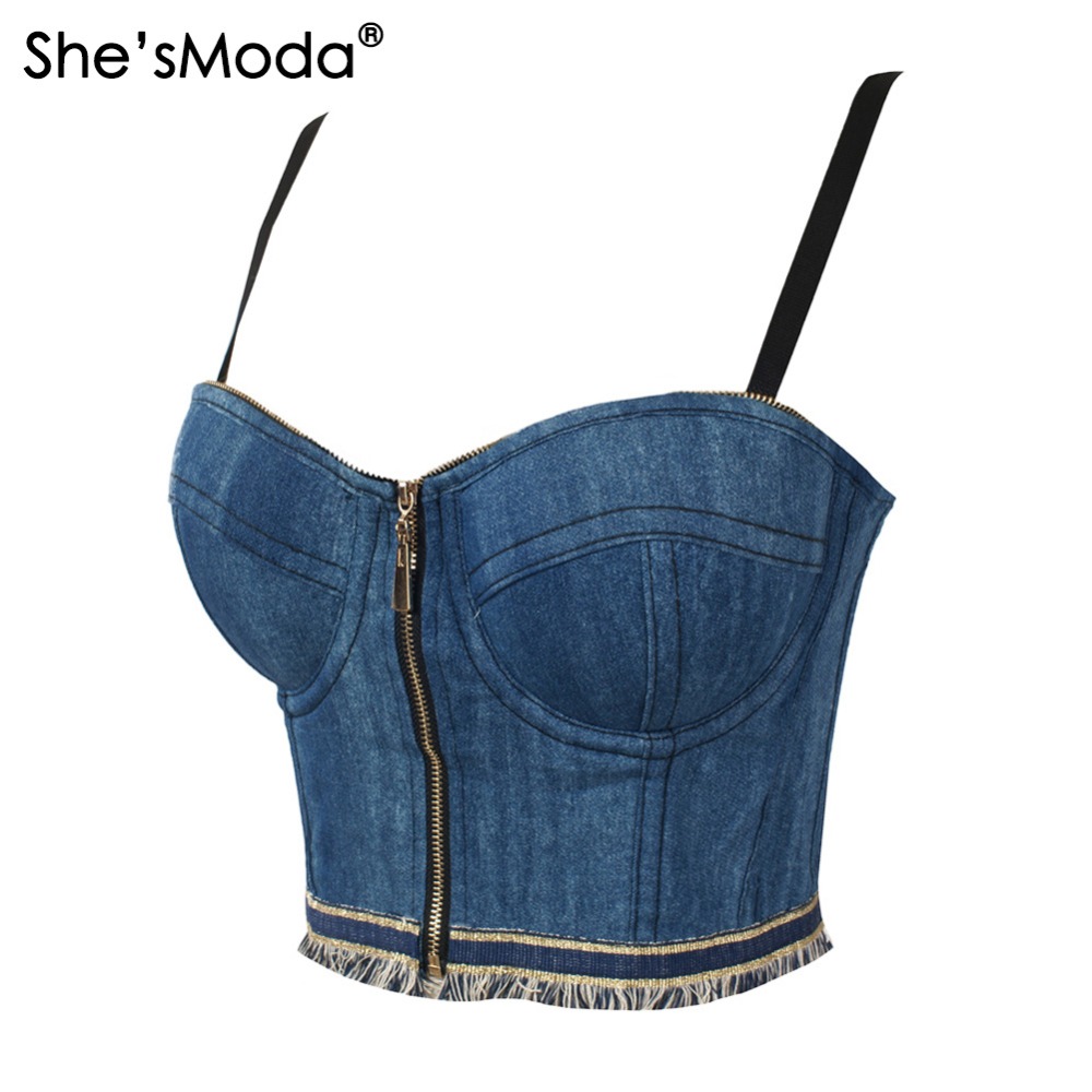 Jean-Denim-Tassels-Zipper-Push-Up-Bustier-Women39s-Bralette-Cropped-Top-Vest-Plus-Size-32697094154