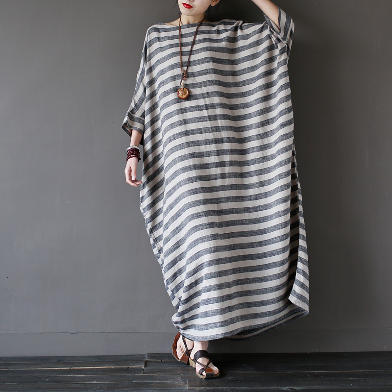 Johnature-2018-New-Autumn-Vintage-Batwing-Sleeve-Striped-Half-Sleeve-Loose-Cotton-Linen-Robe-Washed--32782799006