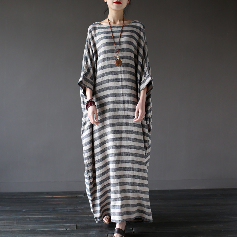 Johnature-2018-New-Autumn-Vintage-Batwing-Sleeve-Striped-Half-Sleeve-Loose-Cotton-Linen-Robe-Washed--32782799006