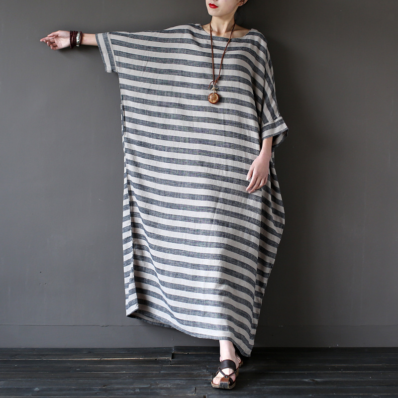 Johnature-2018-New-Autumn-Vintage-Batwing-Sleeve-Striped-Half-Sleeve-Loose-Cotton-Linen-Robe-Washed--32782799006