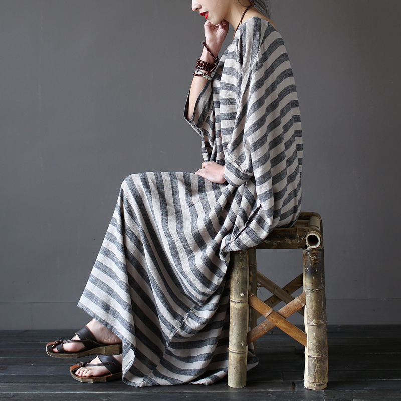 Johnature-2018-New-Autumn-Vintage-Batwing-Sleeve-Striped-Half-Sleeve-Loose-Cotton-Linen-Robe-Washed--32782799006
