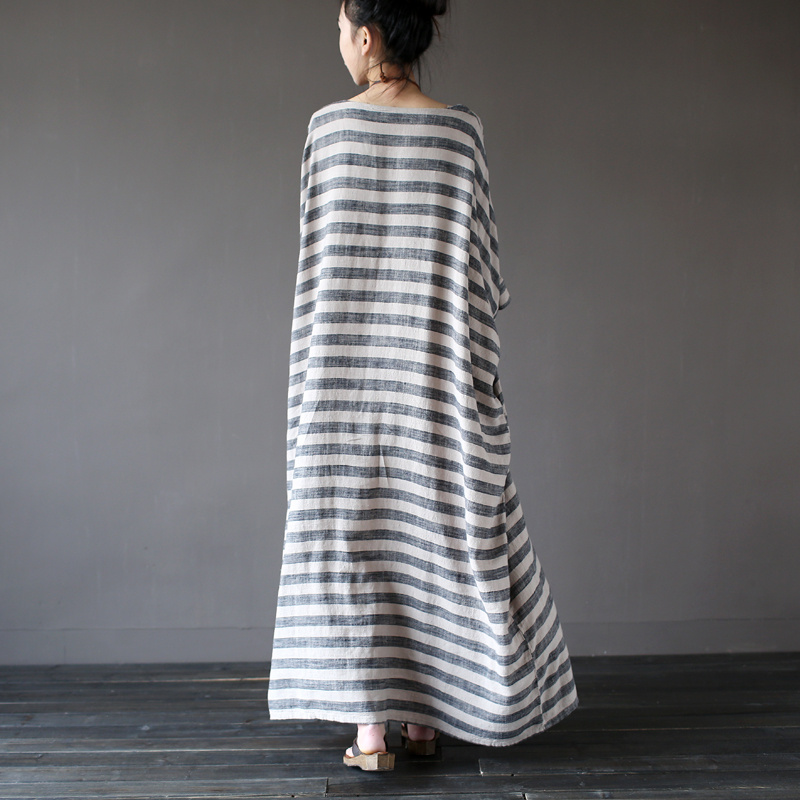 Johnature-2018-New-Autumn-Vintage-Batwing-Sleeve-Striped-Half-Sleeve-Loose-Cotton-Linen-Robe-Washed--32782799006