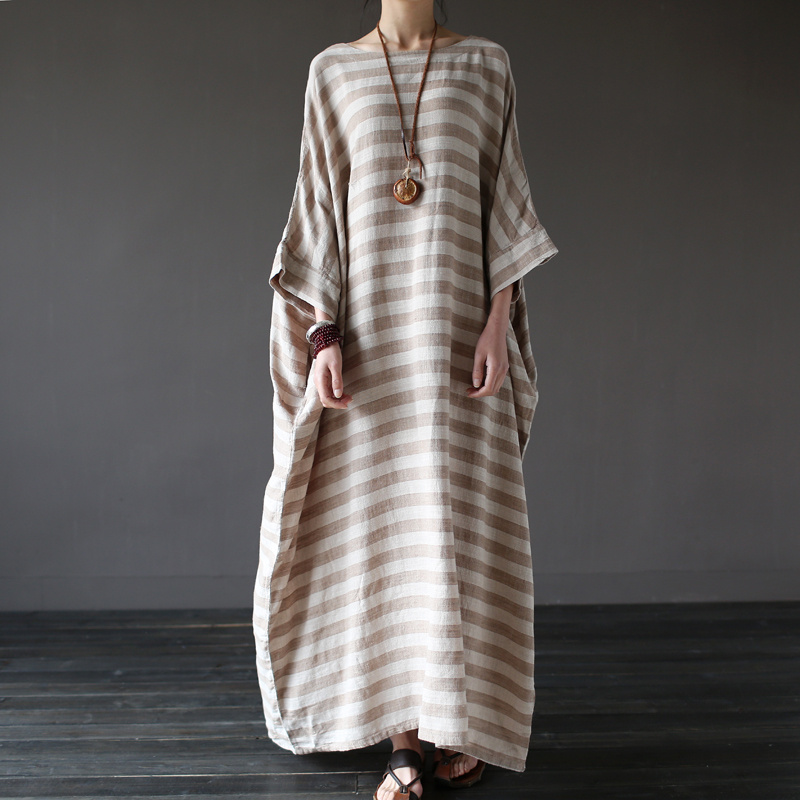 Johnature-2018-New-Autumn-Vintage-Batwing-Sleeve-Striped-Half-Sleeve-Loose-Cotton-Linen-Robe-Washed--32782799006