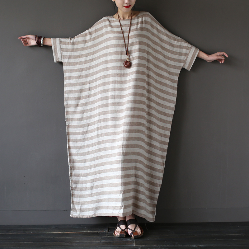 Johnature-2018-New-Autumn-Vintage-Batwing-Sleeve-Striped-Half-Sleeve-Loose-Cotton-Linen-Robe-Washed--32782799006