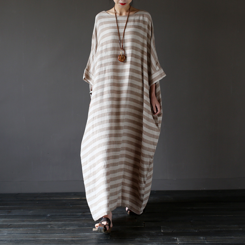 Johnature-2018-New-Autumn-Vintage-Batwing-Sleeve-Striped-Half-Sleeve-Loose-Cotton-Linen-Robe-Washed--32782799006