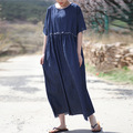 Johnature-Women-Blue-Dress-Cotton-Linen-Button-2018-Autumn-Casual-Vintage-Loose-Belt-V-Neck-Robes-Br-32795827455