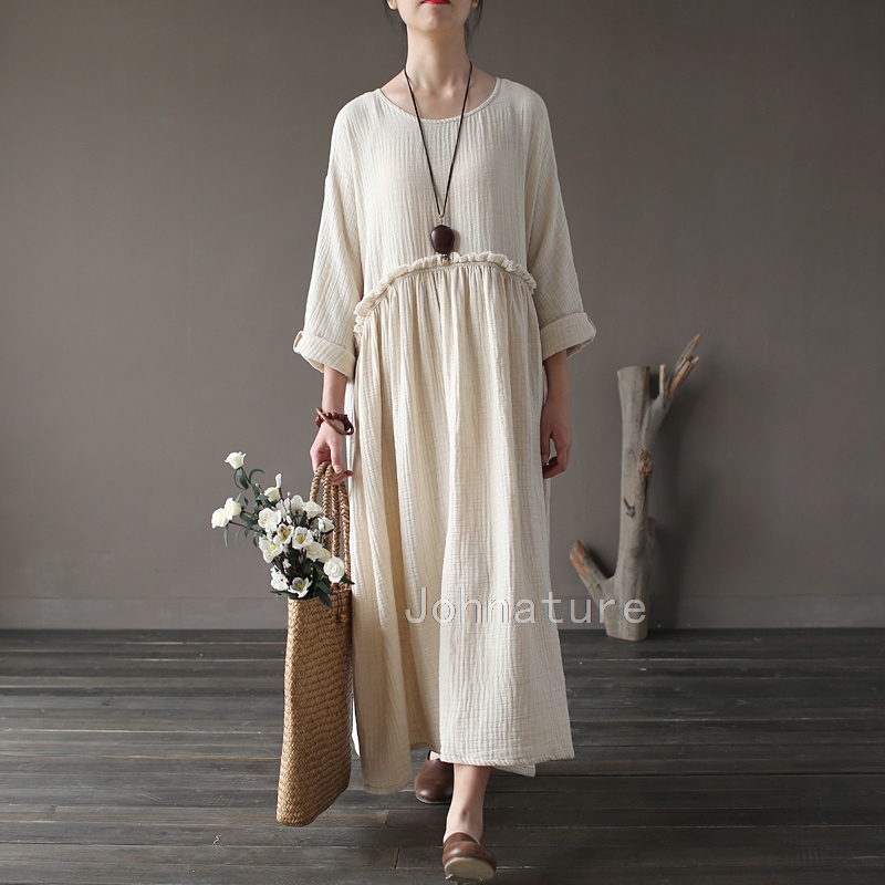 Johnature-Women-Vintage-Dress-Patckwork-2018-Autumn-New-Casual-O-Neck-Fold-Loose-Double-Cotton-Long--32780168653