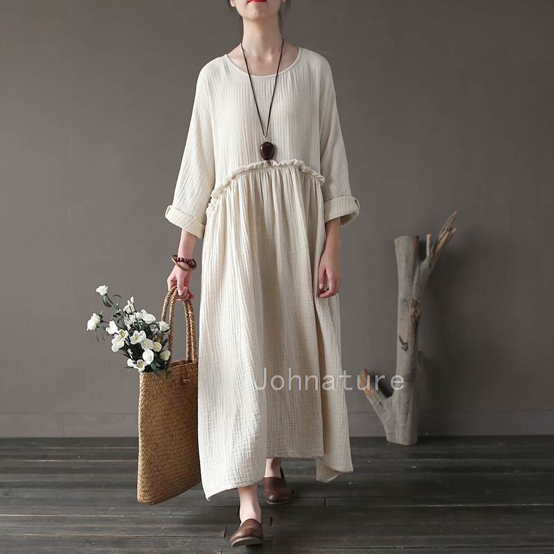 Johnature-Women-Vintage-Dress-Patckwork-2018-Autumn-New-Casual-O-Neck-Fold-Loose-Double-Cotton-Long--32780168653