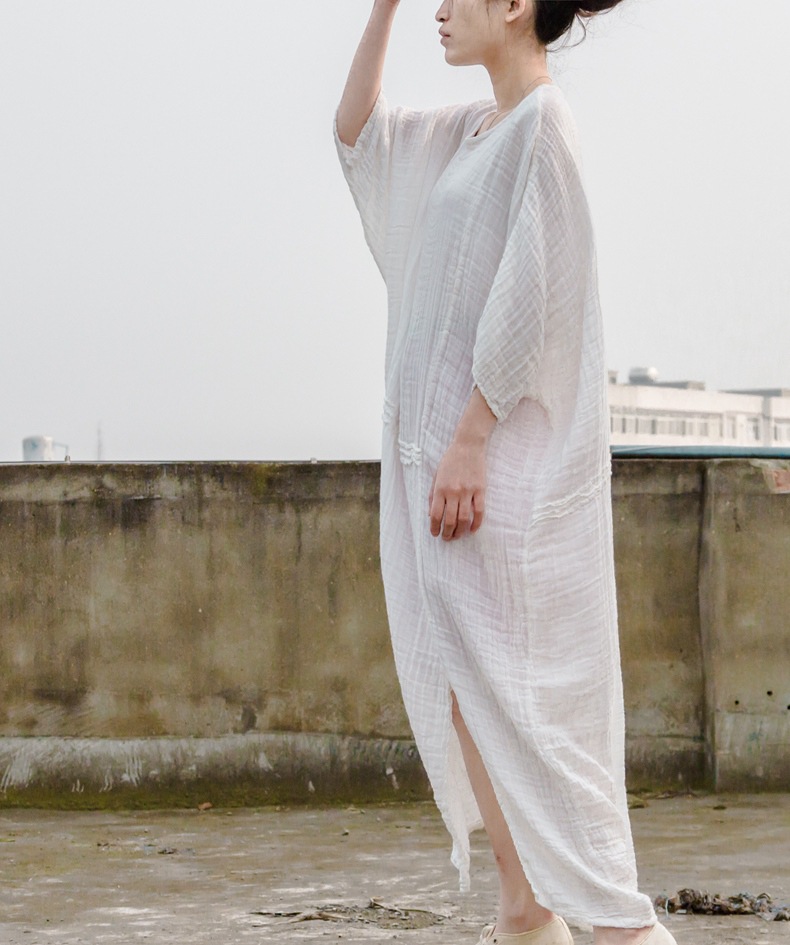 Johnature-Women-White-Dress-Robes-2018-New-Original-New-Autumn-Loose-O-Neck-Cotton-Maxi-Dress-Solid--32620650574