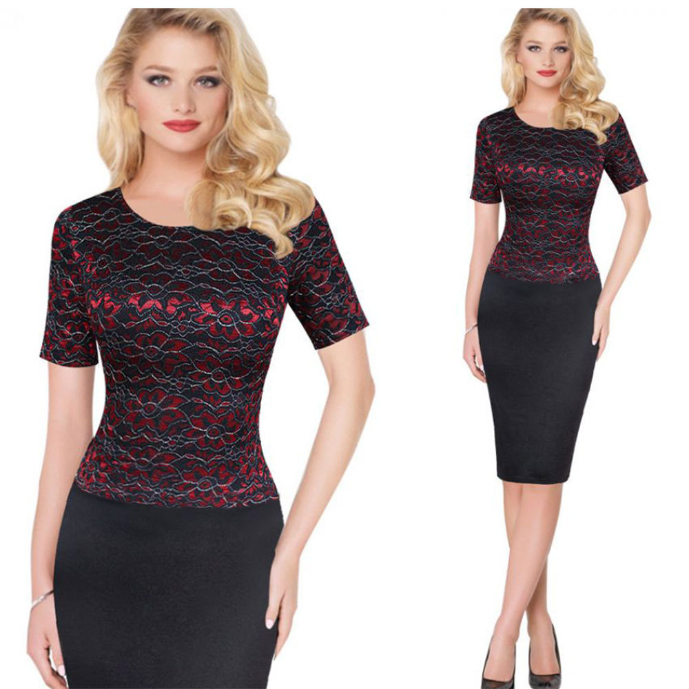 Kenancy-Clearance-Sale-2-Colors-Lace-Delicate-Patchwork-Pencil-Dress-Women-Short-Sleeve-O-Neck-Knee--32752750311