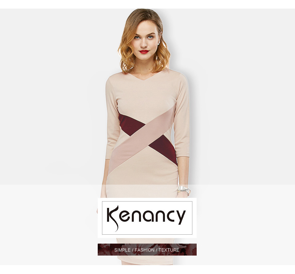 Kenancy-Fashion-Simple-Women-Autumn-Dress-Hit-Color-Stitching-Three-Quarter-Sleeve-V-neck-Knee-Lengt-32777429856