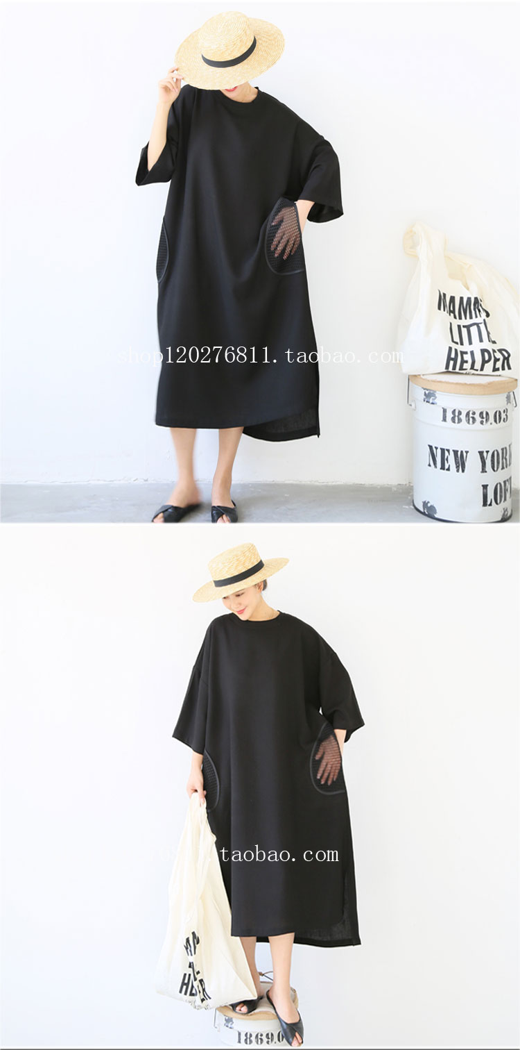 Korean-Style-Women-Black-Cotton-and-Linen-Mesh-Dress-Big-Pocket-Long-Dress-Oversize-Shirt-Dress-2016-32712114991