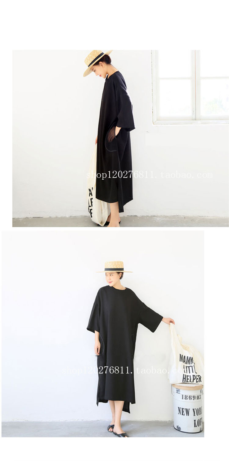 Korean-Style-Women-Black-Cotton-and-Linen-Mesh-Dress-Big-Pocket-Long-Dress-Oversize-Shirt-Dress-2016-32712114991