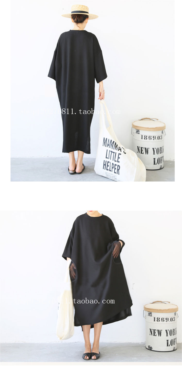 Korean-Style-Women-Black-Cotton-and-Linen-Mesh-Dress-Big-Pocket-Long-Dress-Oversize-Shirt-Dress-2016-32712114991