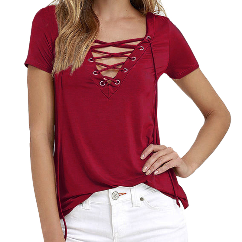 LASPERAL-Sexy-Lace-UP-T-Shirts-Female-Short-Sleeve-Deep-V-Neck-Cotton-Shirt-Tops-Women-Solid-Casual--32802417453