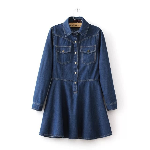 Latest-Lapel-Collar-Long-Sleeve-Flared-Denim-Dress-With-Double-Pocket-Long-Sleeve-Button-Detail-Deni-32612979322