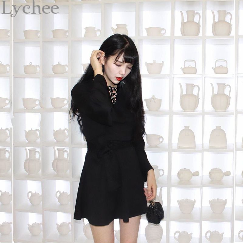 Lychee-Harajuku-Punk-Gothic-Women-Dress-V-Neck-Flare-Sleeve-Lace-Up-Dress-Casual-Party-Mini-Dress-32790539144