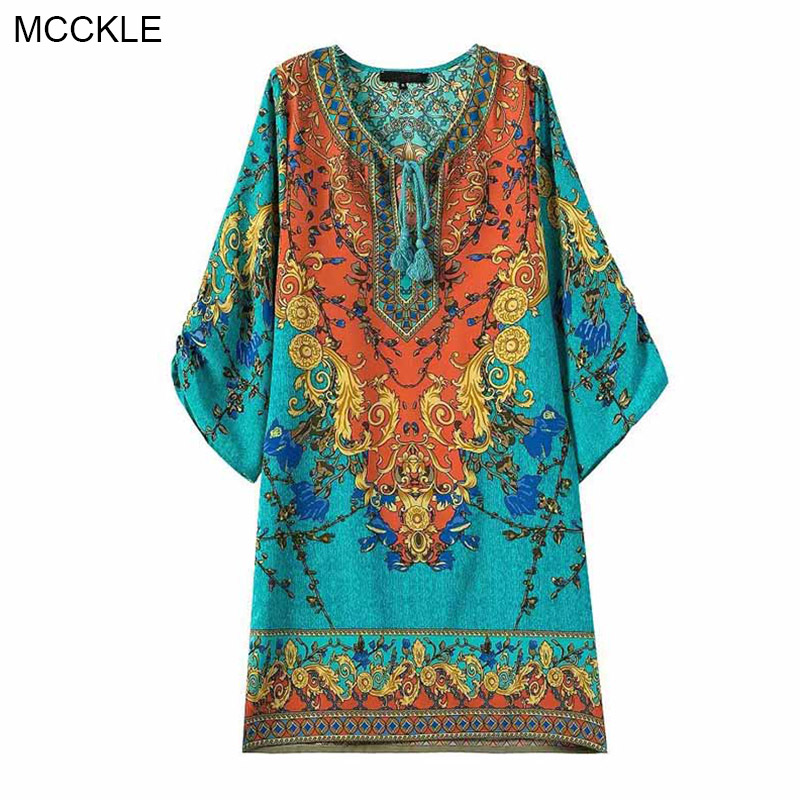MCCKLE-Summer-Women-Print-Party-Dress-Bohemian-half-sleeve-beach-lace-up-Casual-dress-Baroque-Mini-S-32792249196
