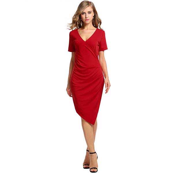 Meaneor-Women-Casual-Dress-V-Neck-Short-Sleeve-Solid-Bodycon-Back-Zipper-Vestidos-Irregular-Length-S-32676819529